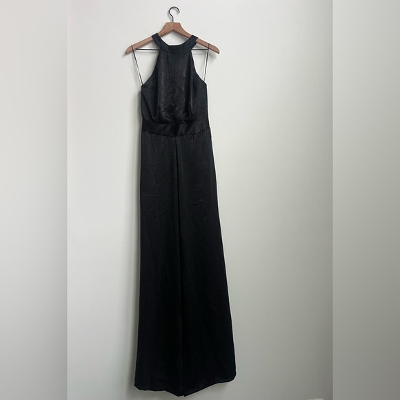 Misa Los Angeles Xandra Black Hammered Satin Wide Leg Halter Jumpsuit M Party - Picture 3 of 14